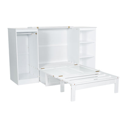 Twin Size Murphy Bed with Bedside Shelves and Wardrobe, White