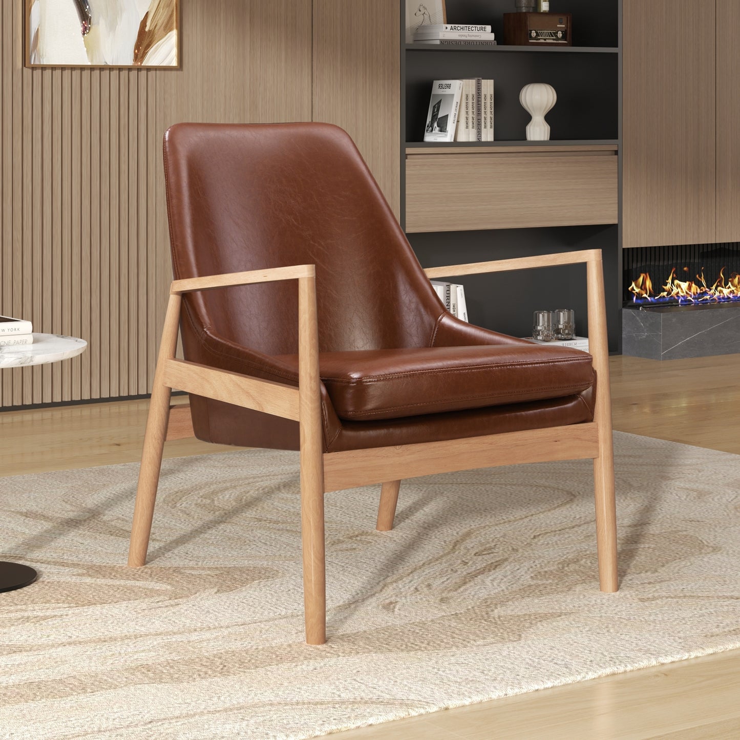 U-Can PU Leather Accent Chair, Mid-Century Modern Armchair with Solid Wood Frame, Reading Leisure Chair with High Back for Living Room