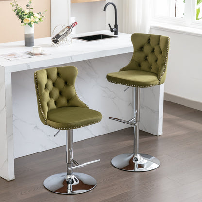 Swivel Velvet Barstools Adjusatble Seat Height from 25-33 Inch, Modern Upholstered Chrome base Bar Stools with Backs Comfortable Tufted for Home Pub and Kitchen Island, Olive-Green,Set of 2,1712OL