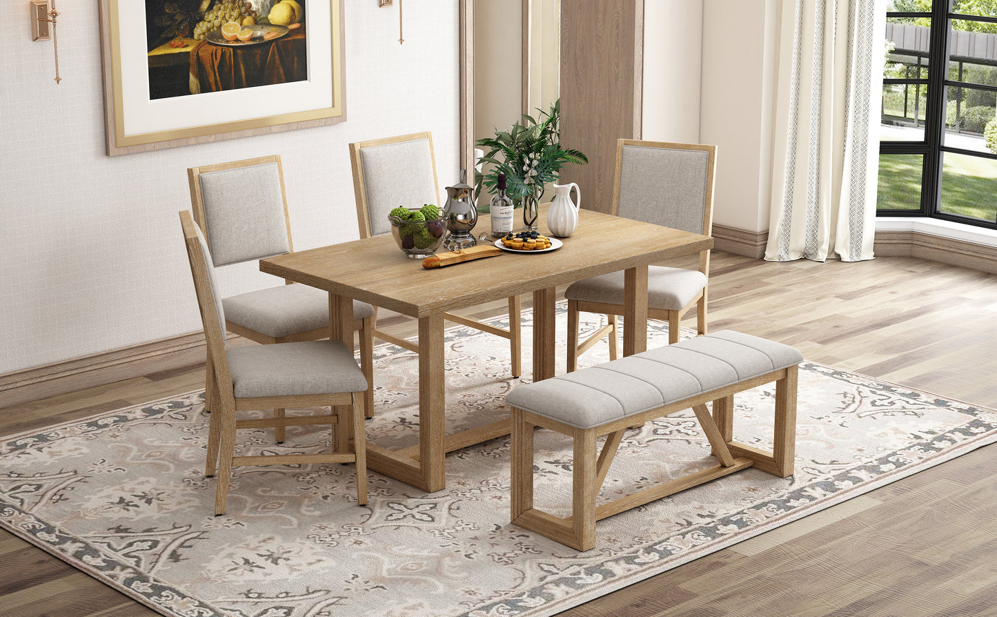 TREXM 6-Piece Retro Dining Set, 1 Rectangular Table with Designed Trestle Base and 4 Upholstered Chairs and 1 Bench for Dining Room and Kitchen (Natural)