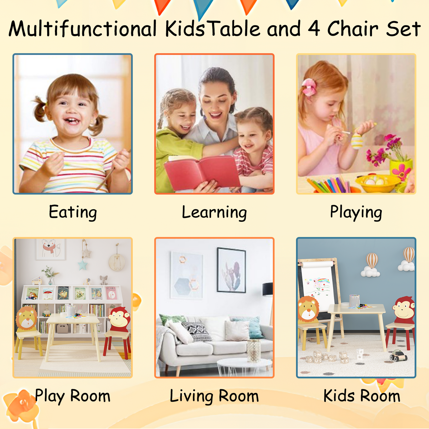 Kids Table and 2 Chairs Set, 3 Pieces Toddler Table and Chair Set, Wooden Activity Play Table Set (Lion&Monkey)