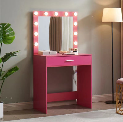 Vanity Desk with Mirror and Lights, Dressing Table with Large Drawer, 1 Level Storage Dresser & 3 Lighting Modes Adjustable Brightness, Suitable for Bedroom(Pink)