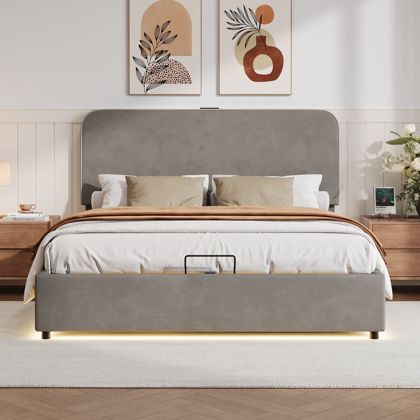 Upholstered Platform Full Size Hydraulic Storage Bed, Lift Up Storage Bed with RGB LED Light, Bluetooth Speaker, No Box Spring Needed, Lychee Velvet, Gray