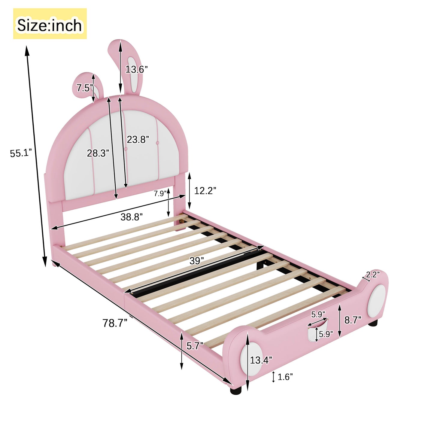 Twin Size Upholstered Platform Bed with Rabbit Shaped Headboard, Pink