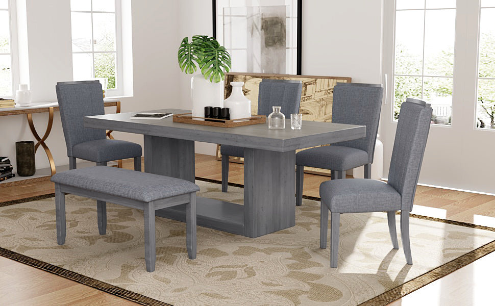 TOPMAX Contemporary 6-Piece 78inch Extendable Pedestal Dining Table Set with 18inch Removable Leaf and Dining Bench, 4 Upholstered Dining Chairs, Gray