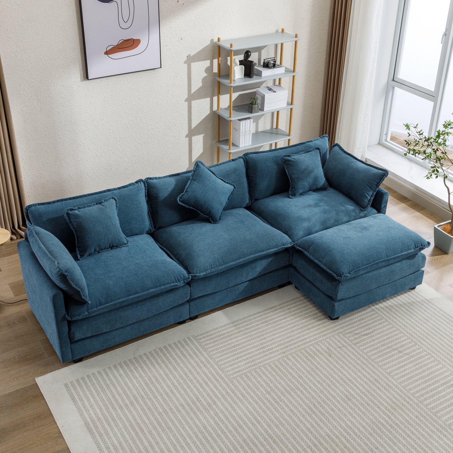 112.2" L-Shape Chenille Upholstered Sofa for Living Room Modern Luxury Sofa Couch with Ottoman, 5 Pillows, Blue