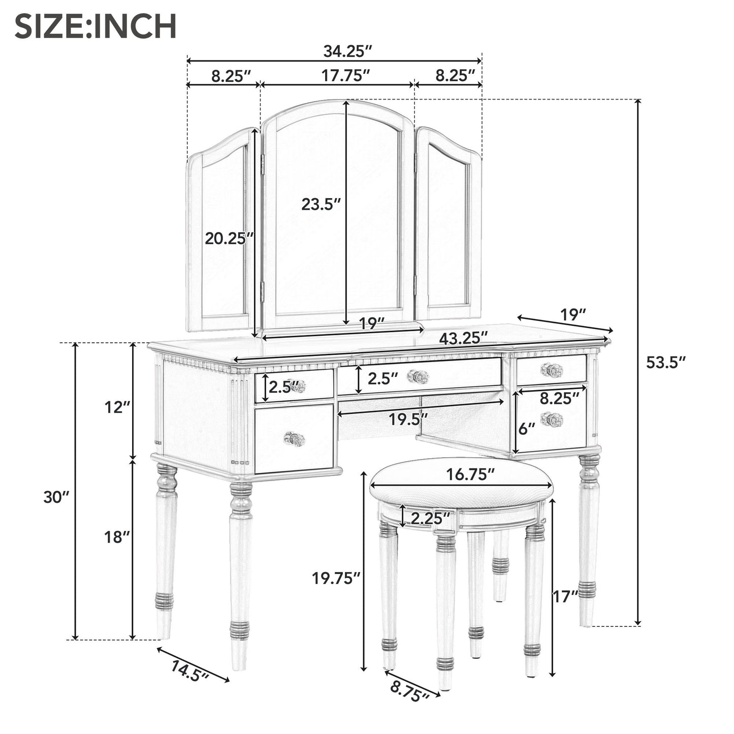 GO 43" Dressing Table Set with Mirrored Drawers and Stool, Tri-fold Mirror, Makeup Vanity Set for Bedroom, Silver