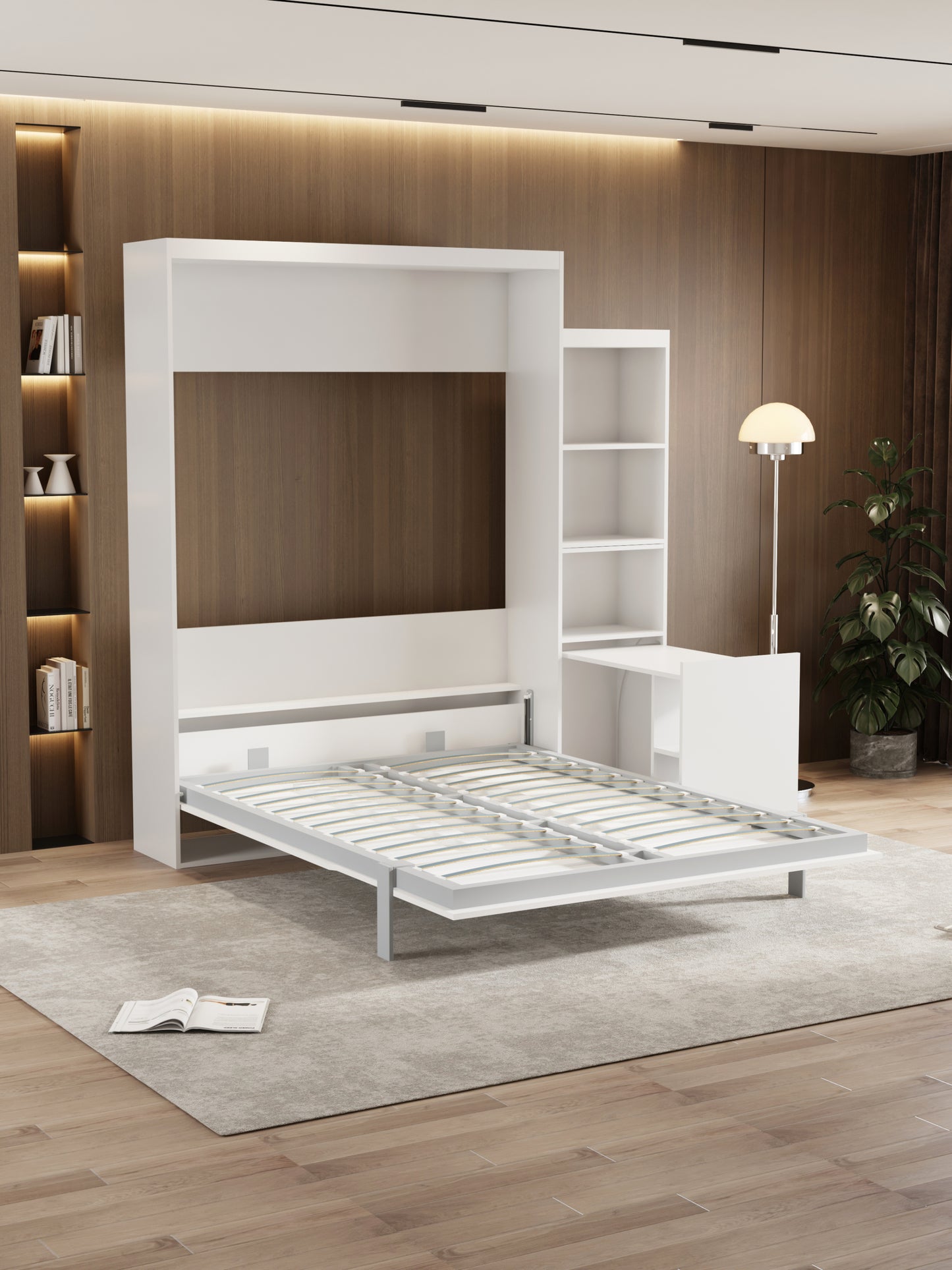 Queen  Size Morden Deisgn Big Size Vertical Murphy Bed with table and shelf  for Bedroom or Guestroom White Wall Bed Space Saving Hidden Bed with New Style Gas Struts