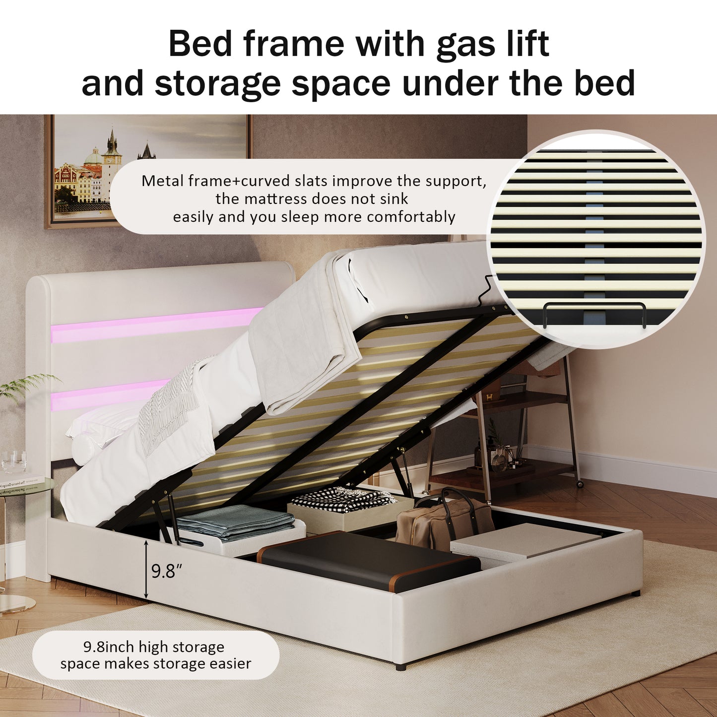 Upholstered Platform King Size Hydraulic Storage Bed, Lift Up Storage Bed with RGB LED Light Headboard, No Box Spring Needed,Velvet,Beige