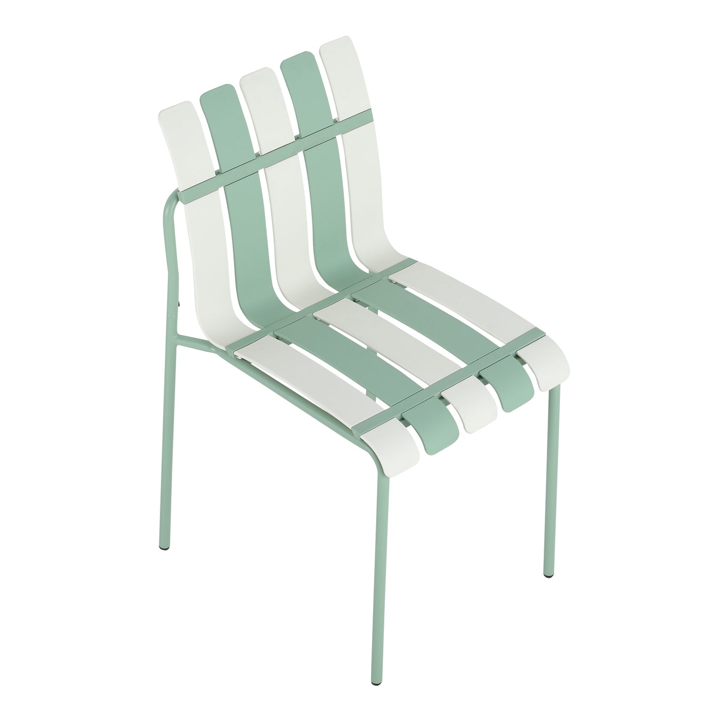 Four-piece Set of Single Chairs with Modern Color-blocking Design, UV-resistant and Rust-proof, in White and Green. Dimensions: 21.06*22.24*32.28 (in). PP seats and Powder-Coated Metal Legs.