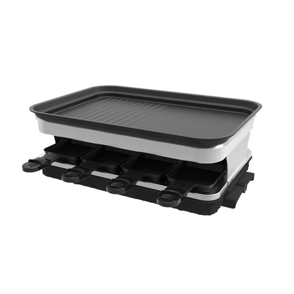 Raclette Grill 8 People Grill Plate Non-stick Coated, Raclette with 8 Mini Raclette Pans, Infinitely Adjustable Temperature, 1500W