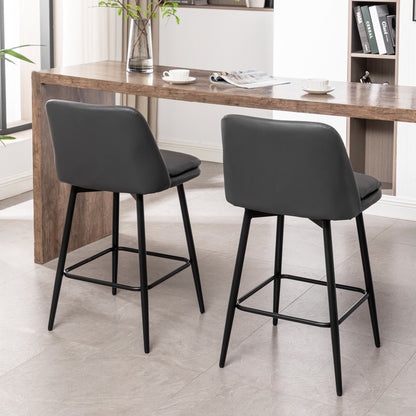 Counter Height Swivel Bar Stools Set of 2, 360° Swivel Upholstered Barstools with Back and Metal Legs, 25.6" Seat Height,Counter Stools for Kitchen Island and Pub,Faux Leather,Grey