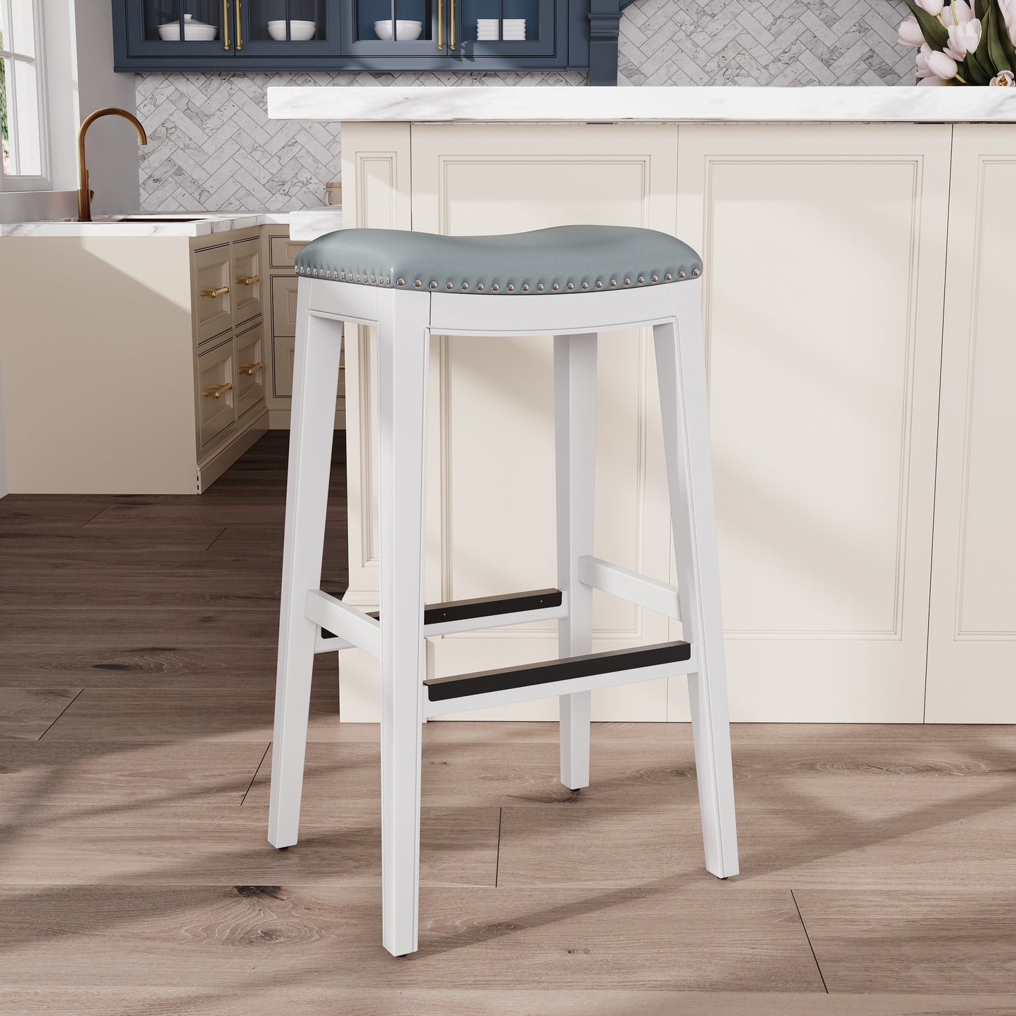 30" Bar Height Saddle Stool, White Finish, Gray Leather Seat