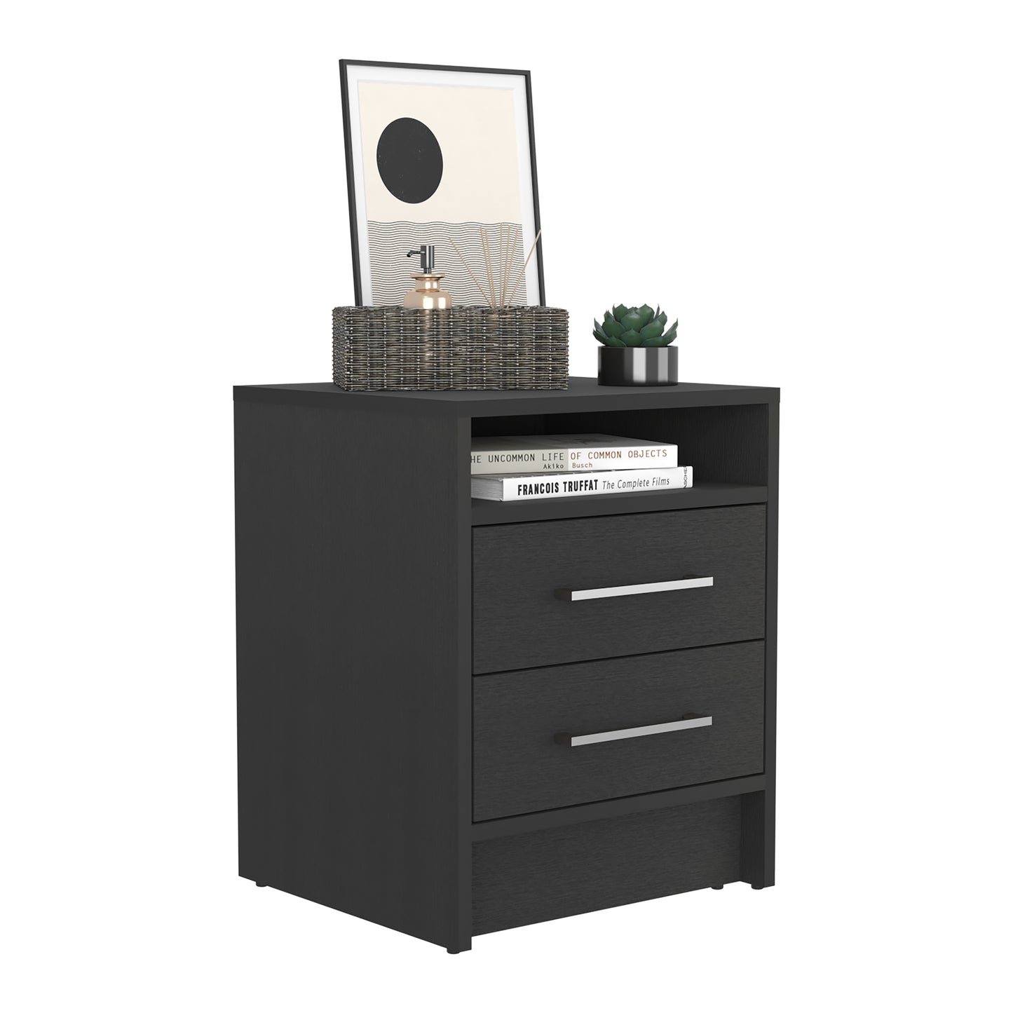 Nightstand 20"H, Two Drawers, Superior Top, Metal Handles, Black