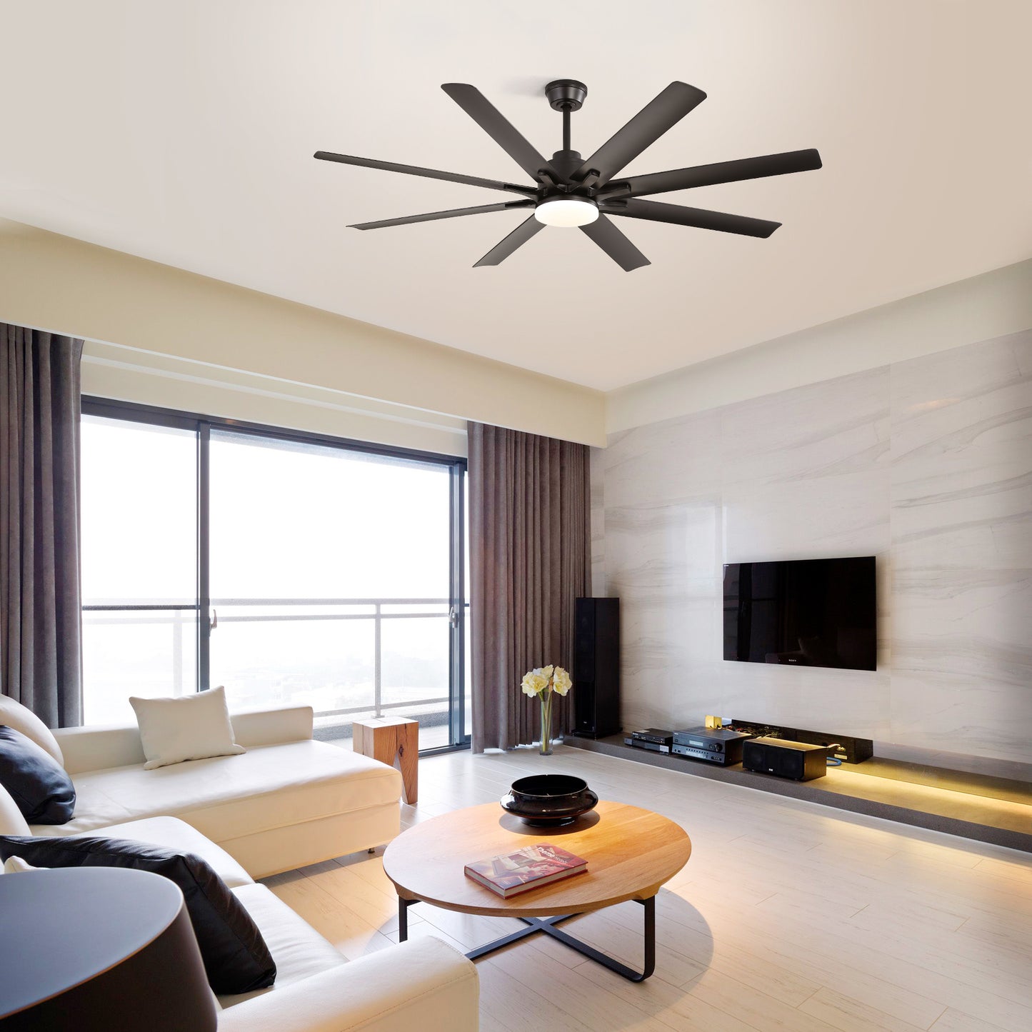 66 Inch Modern Ceiling Fan With Dimmable Led Light 8 ABS Blades Smart Remote Control Reversible DC Motor Black For Home Office