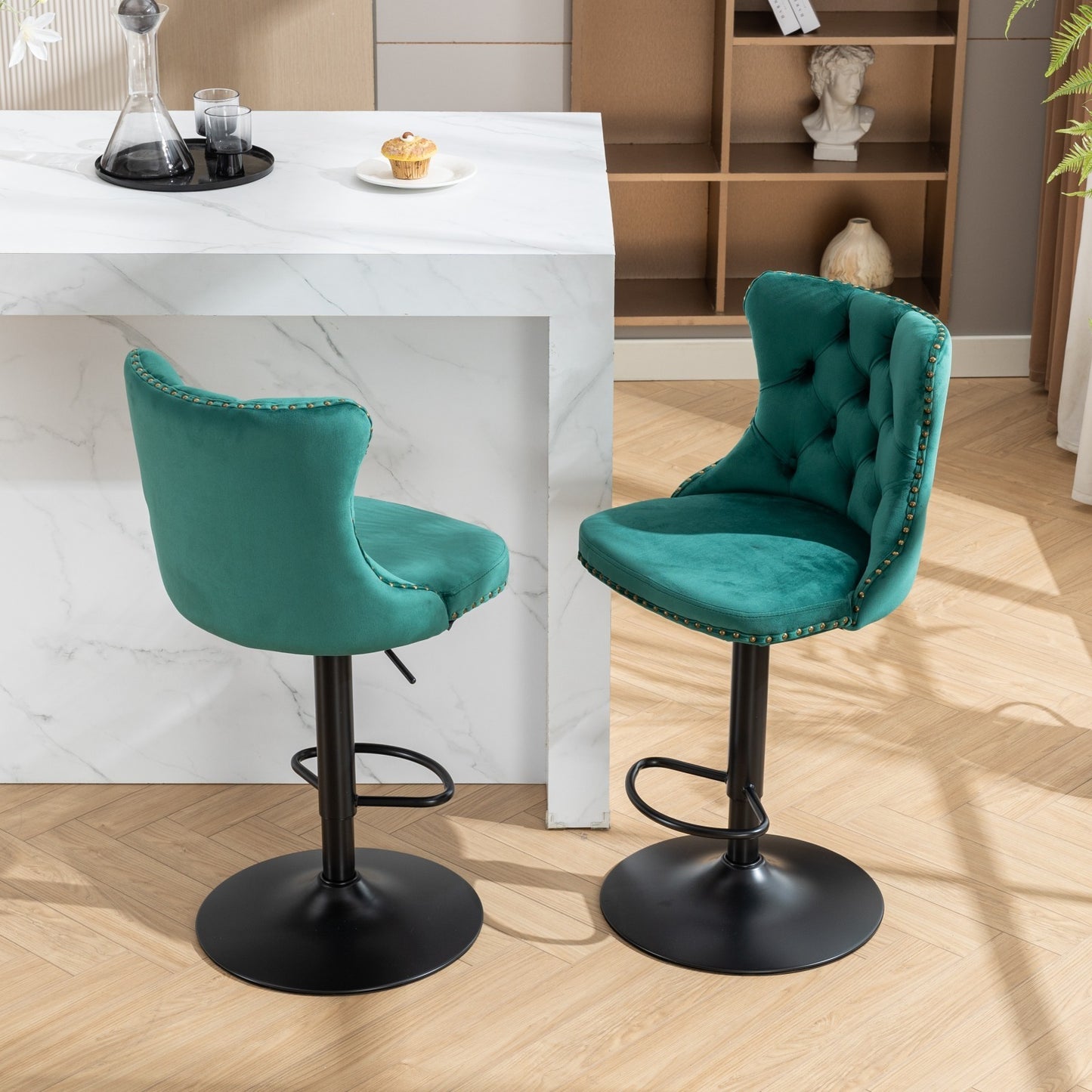 Swivel Velvet Barstools Adjusatble Seat Height from 25-33 Inch,17.7inch base, Modern Upholstered Bar Stools with Backs Comfortable Tufted for Home Pub and Kitchen Island,Green,Set of 2,SW1812GN