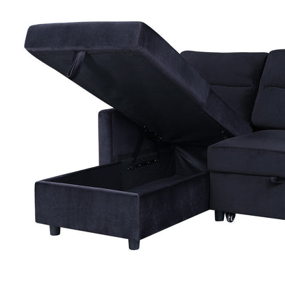 Ivy 81.5" Black Velvet Reversible Sleeper Sectional Sofa with Storage Chaise and Side Pocket