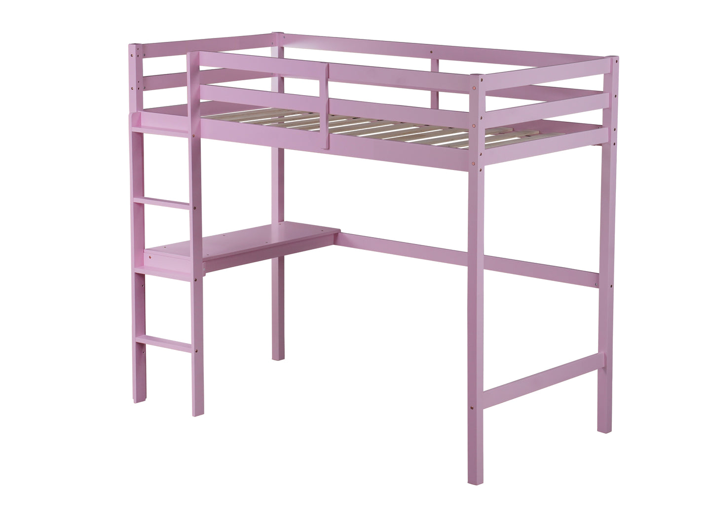 Twin High Loft Bed, Rubber Wood  Loft Bed with Safety Guardrail, built-in desk, ladder,Pink