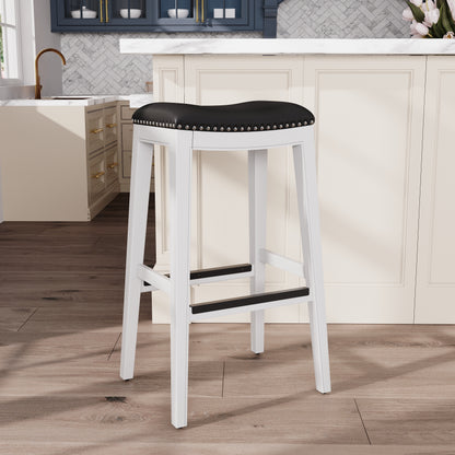 30" Bar Stool, White Finish, Black Leather Seat