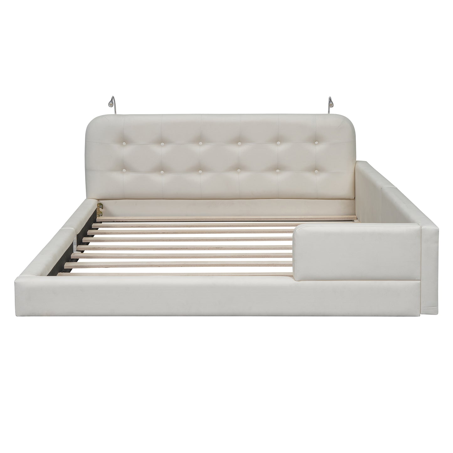 Queen Size Upholstered Platform Bed with 2 Reading Lights, White