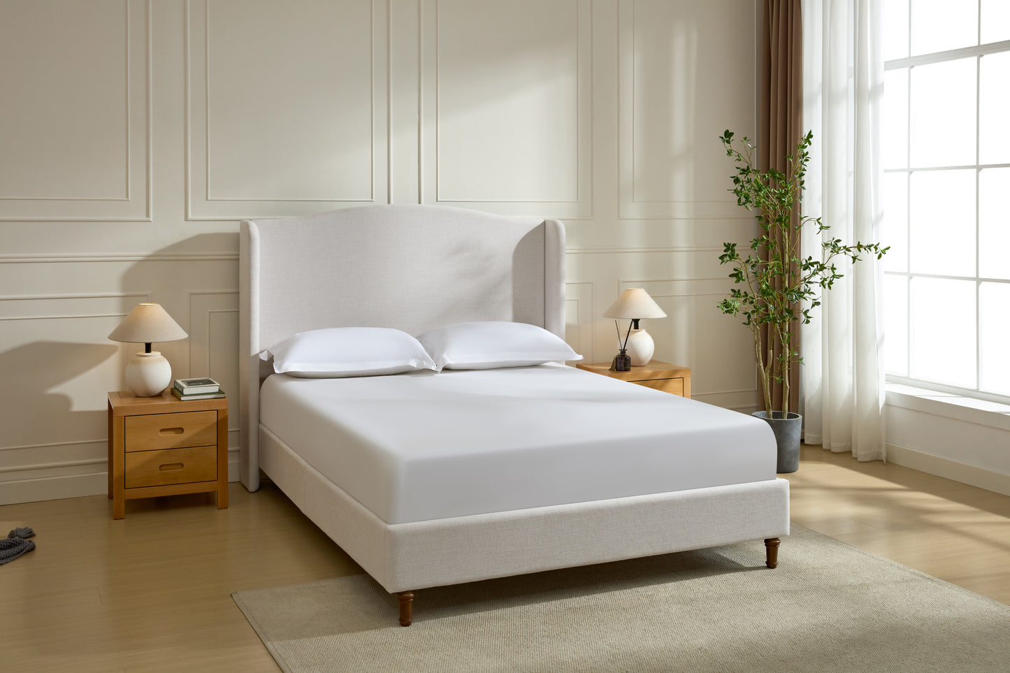 Hannah Upholstered Wingback Bed Size King / Tall 54" Headboard Upholstered King Bed / Premium Textured Canvas Chenille Look Ivory / Minimalist Designs
/ No Box Spring Needed / Easy Assembly / King