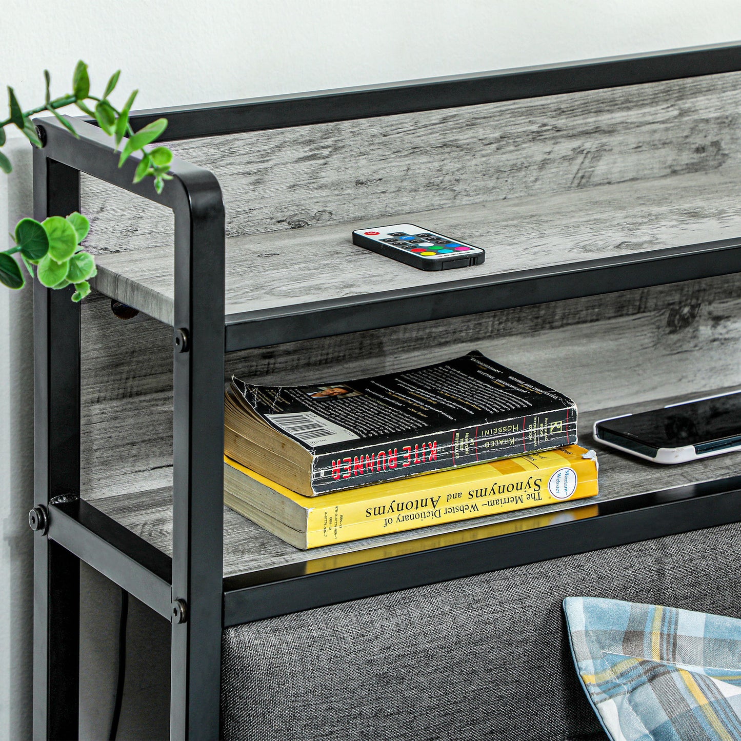 HOMCOM King Size Bed Frame with Storage Headboard, Upholstered Platform Bed Frame with LED Lights, Charging Station, Steel Slats, Noise-Free & Easy Assembly, No Box Spring Needed, Cement Gray