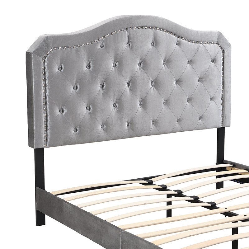 Upholstered Bed Button Tufted with Curve Design - Strong Wood Slat Support - Easy Assembly - Light Grey Velvet - With LED light-platform bed - Queen