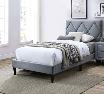 Twin Size Bed w Adjustable Headboard 1pc Bedframe, Grey Velvet Upholstered Youth Bedroom Furniture