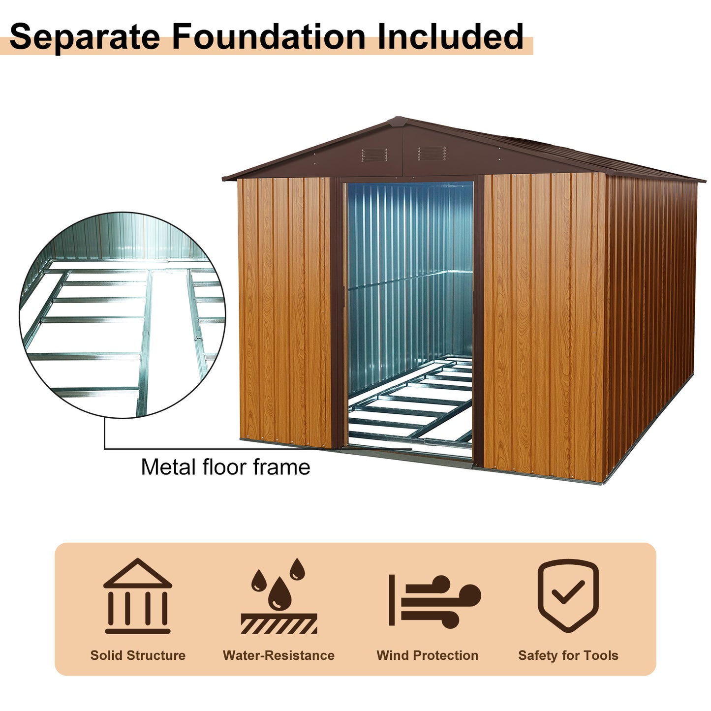 8ft x 10ft Outdoor Metal Storage Shed with Metal Foundation,Coffee