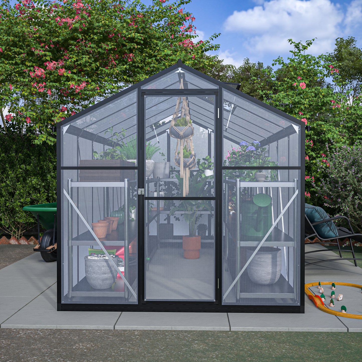 6' x 12' Thicked Polycarbonate Greenhouse, Greenhouse with Double Flush Door, Rain Gutter and Ventilation Window, Green House for Sunroom, Garden, Backyard, Walk-in Large Winter Greenhouse