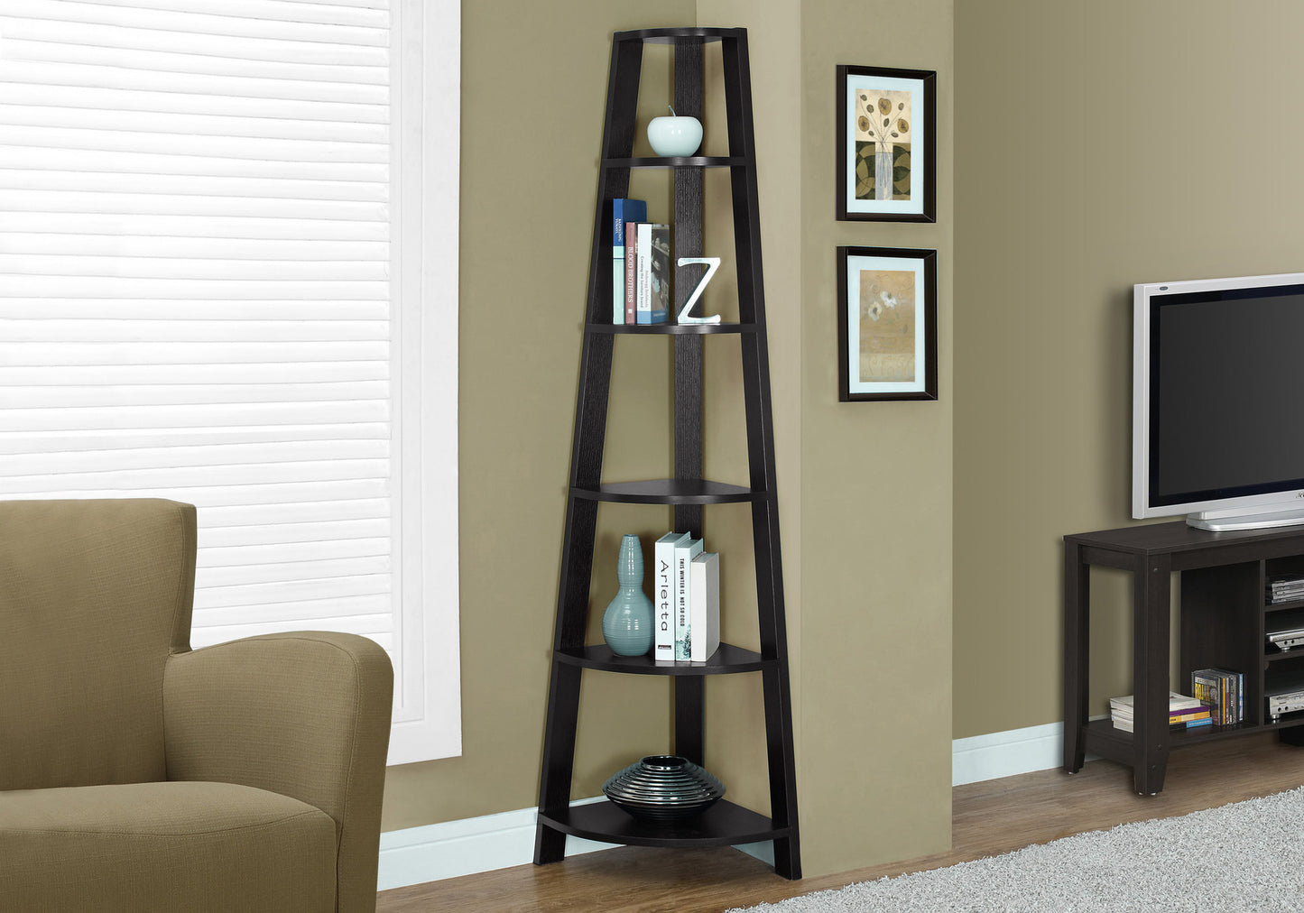 Bookshelf, Bookcase, Etagere, Corner, 5 Tier, 72"h, Office, Bedroom, Brown Laminate, Contemporary, Modern