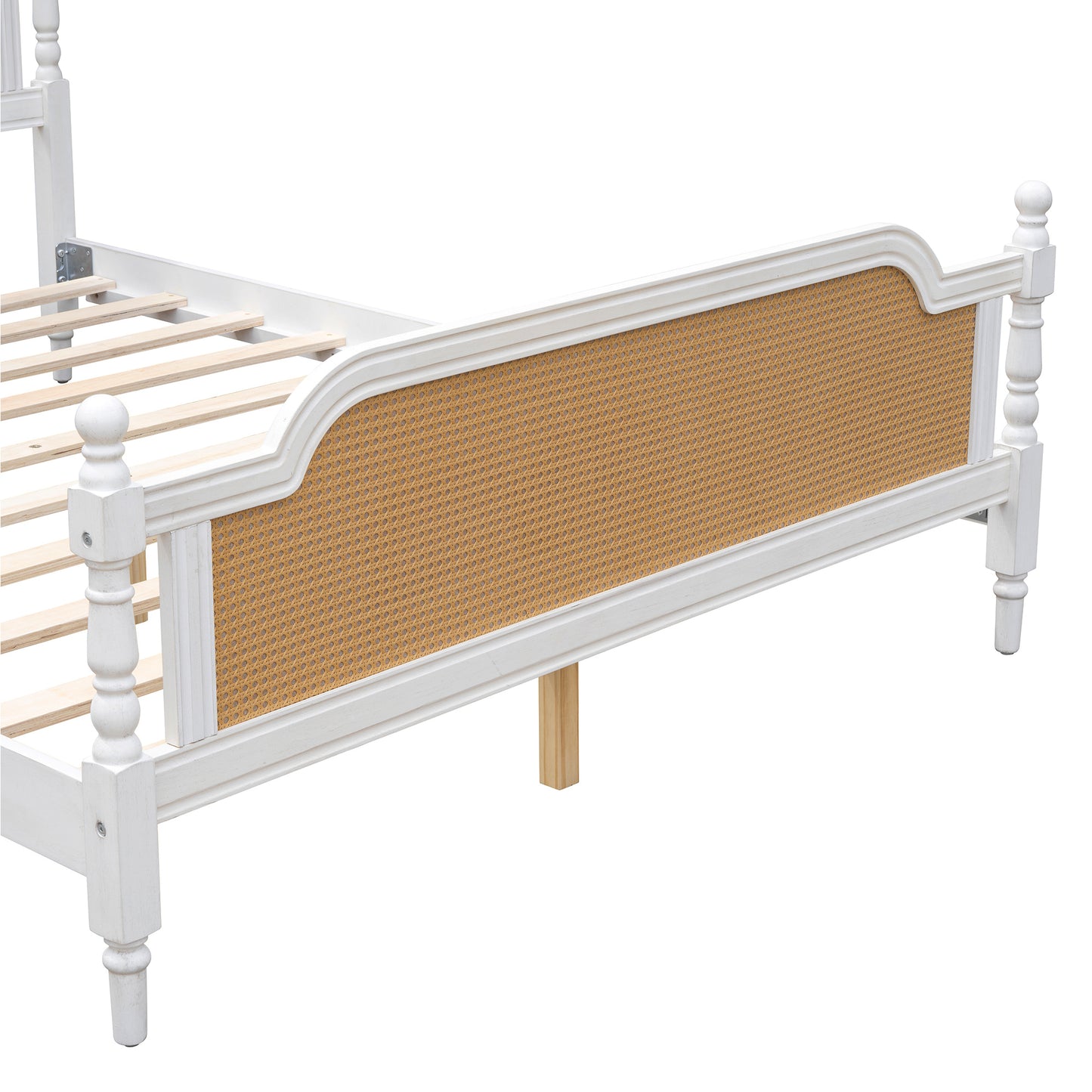 Traditional Style Rattan Queen Size Bed Frame,No Box Spring Needed,Antique White