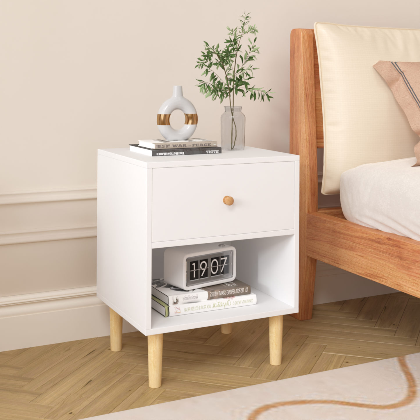 23.22''H Wooden Nightstand with One Drawer One Shelf for Kids, Adults, White