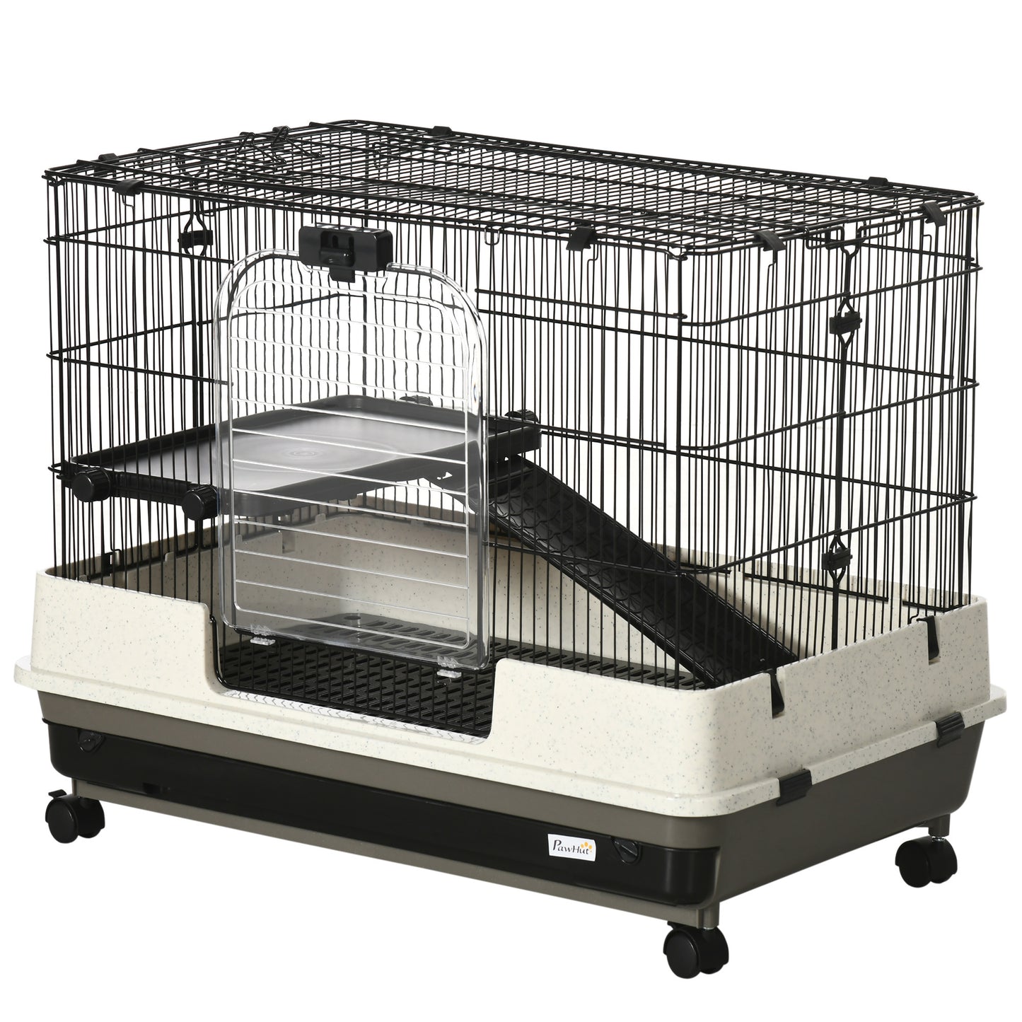 PawHut 26" Small Animal Cage with Wheels, 2-Level Portable Bunny Cage, Chinchilla Ferret Cage with Removable Tray, Platform and Ramp