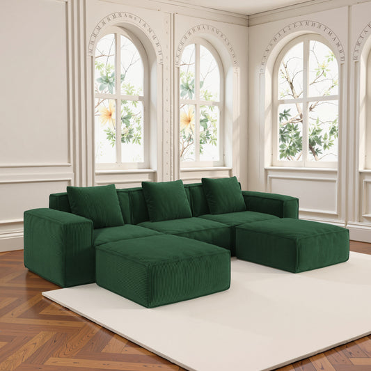 118-inch modular sofa can be converted into an oversized sofa bed Free conversion sofa set flexible configuration, soft corduroy cloud velvet fabric Three-person combination with two footrest  green