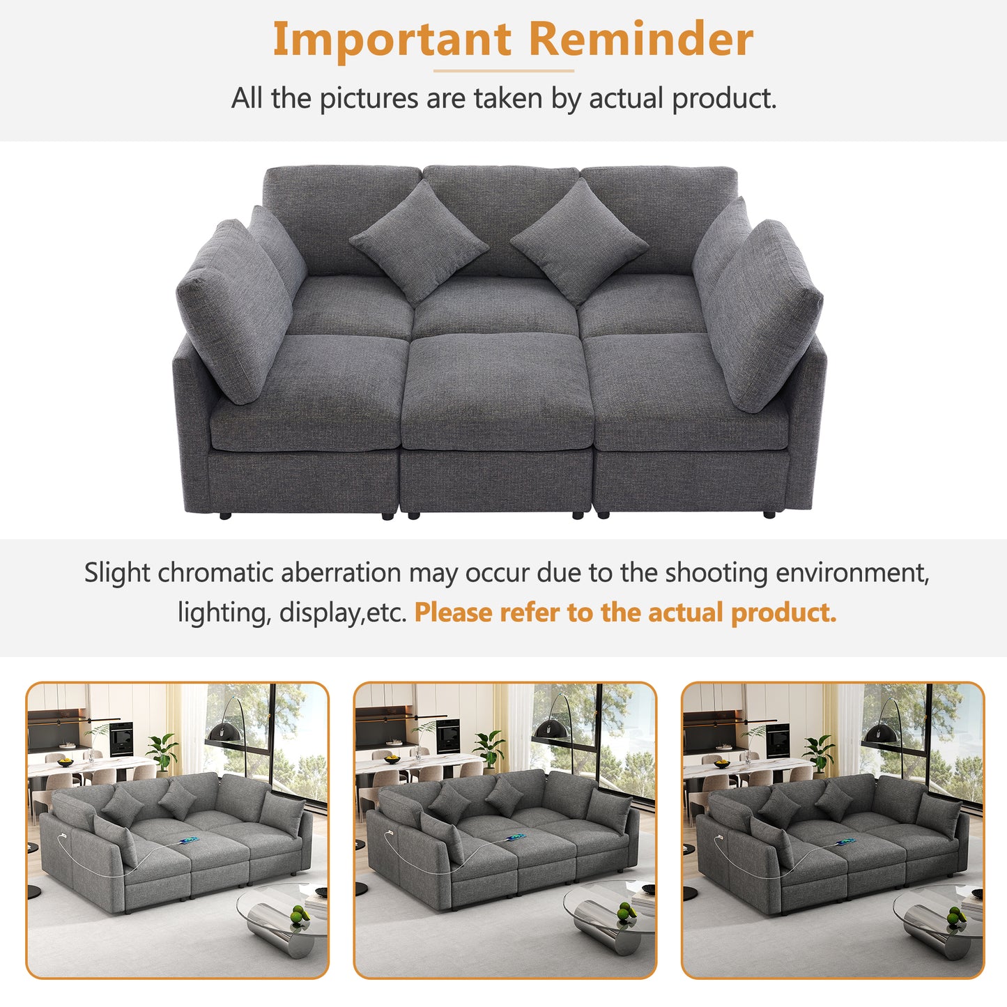 85.4" Sectional Sofa Modular Sofa U-shaped Sofa Couch Sofa Bed L-shaped Sofa with a Movable Ottoman and Two USB Ports for Living Room, Grey