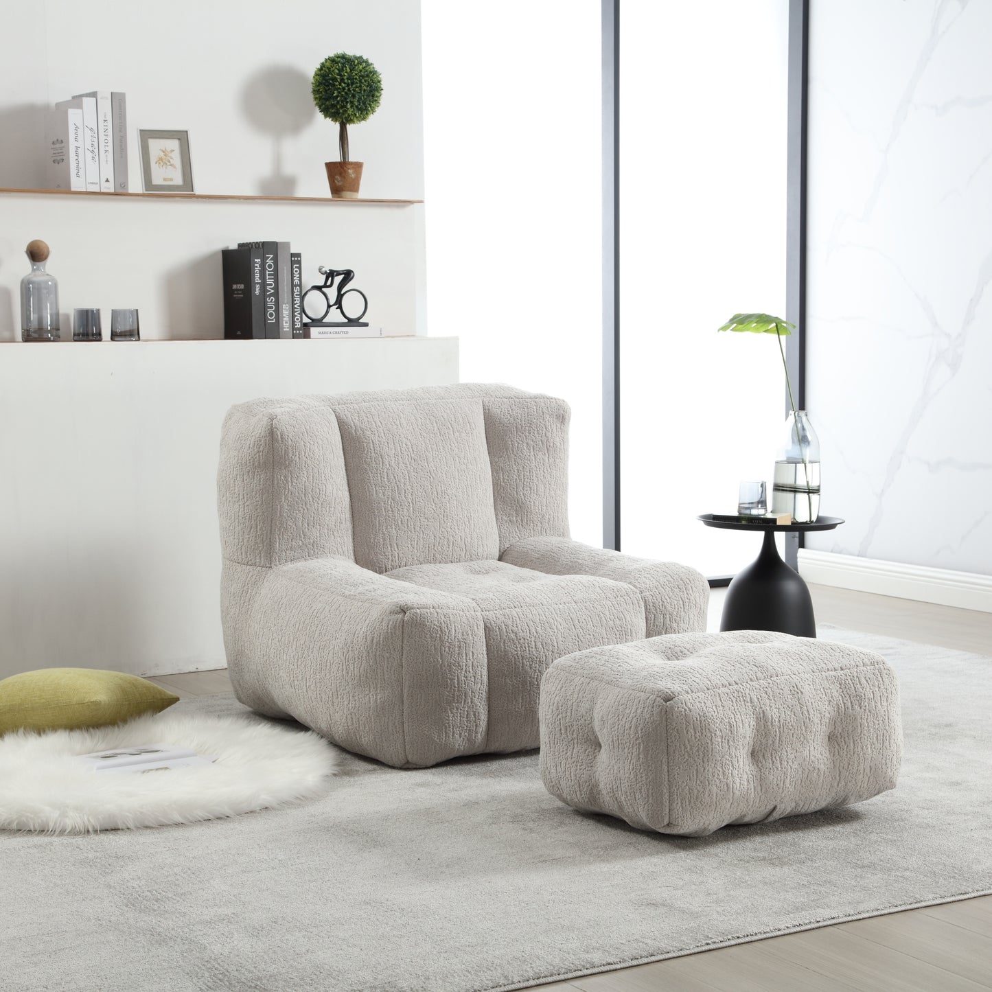 Fluffy bean bag chair, comfortable bean bag for adults and children, super soft lazy sofa chair with memory foam and ottoman, indoor modern focus bean bag chair for living room, bedroom, apartment