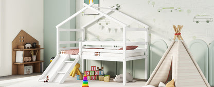 Twin Low Loft House Bed with Slide,  Ladder, Safety Guardrails, House Roof Frame,White