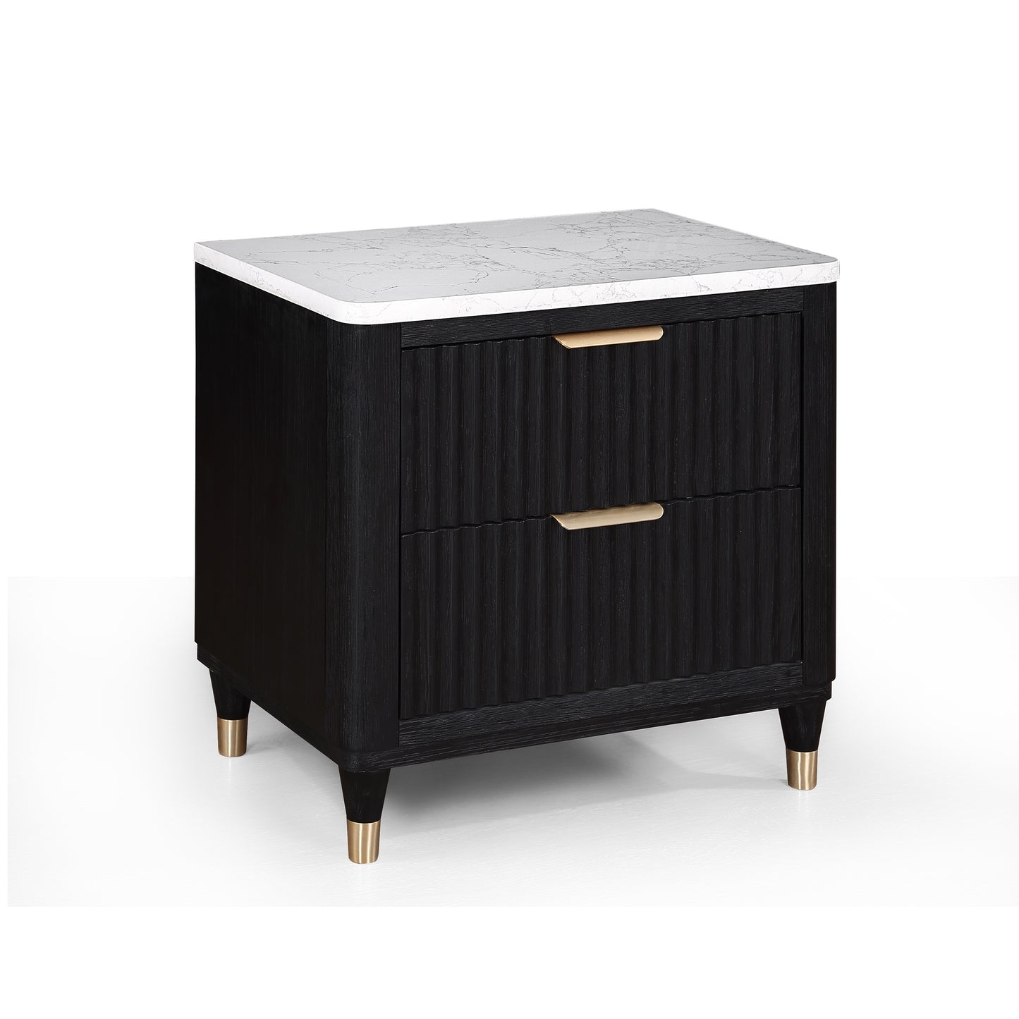 1pc Contemporary 2-Drawer Black Nightstand White Top Metal Knobs Modern Design Wooden Bedroom Furniture