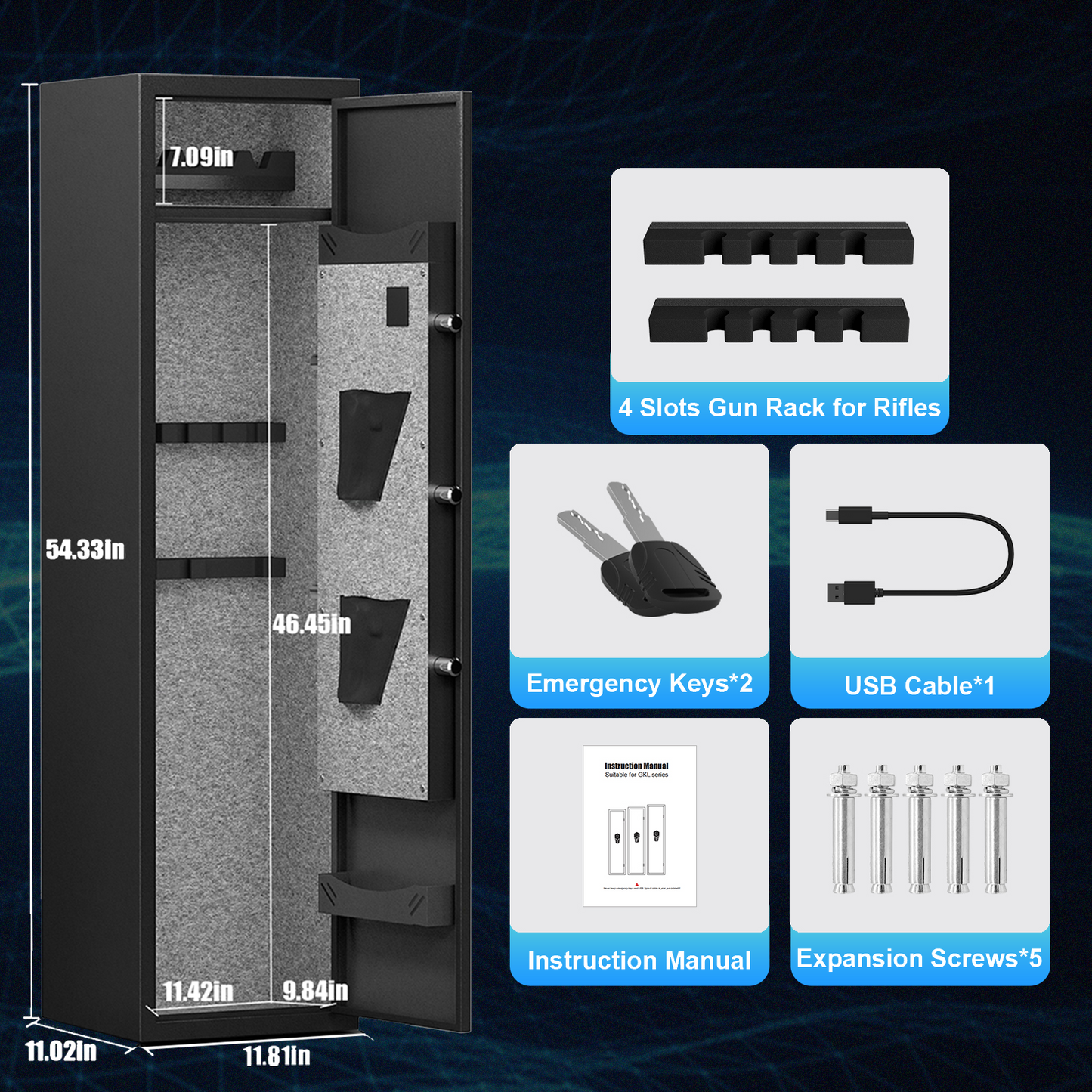 High-Security Steel Rifle Cabinet - 4-5 Gun Capacity, Electronic Lock, Solid Bolts, Dual Alarms, Silent Operation, LED Lighting