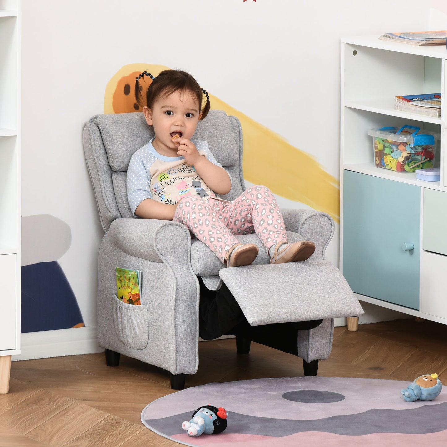 Qaba Kids Recliner Chair Children Sofa Angle Adjustable Single Lounger Armchair Gaming Chair with Footrest 2 Side Pockets for 3-5 Years, Light Grey