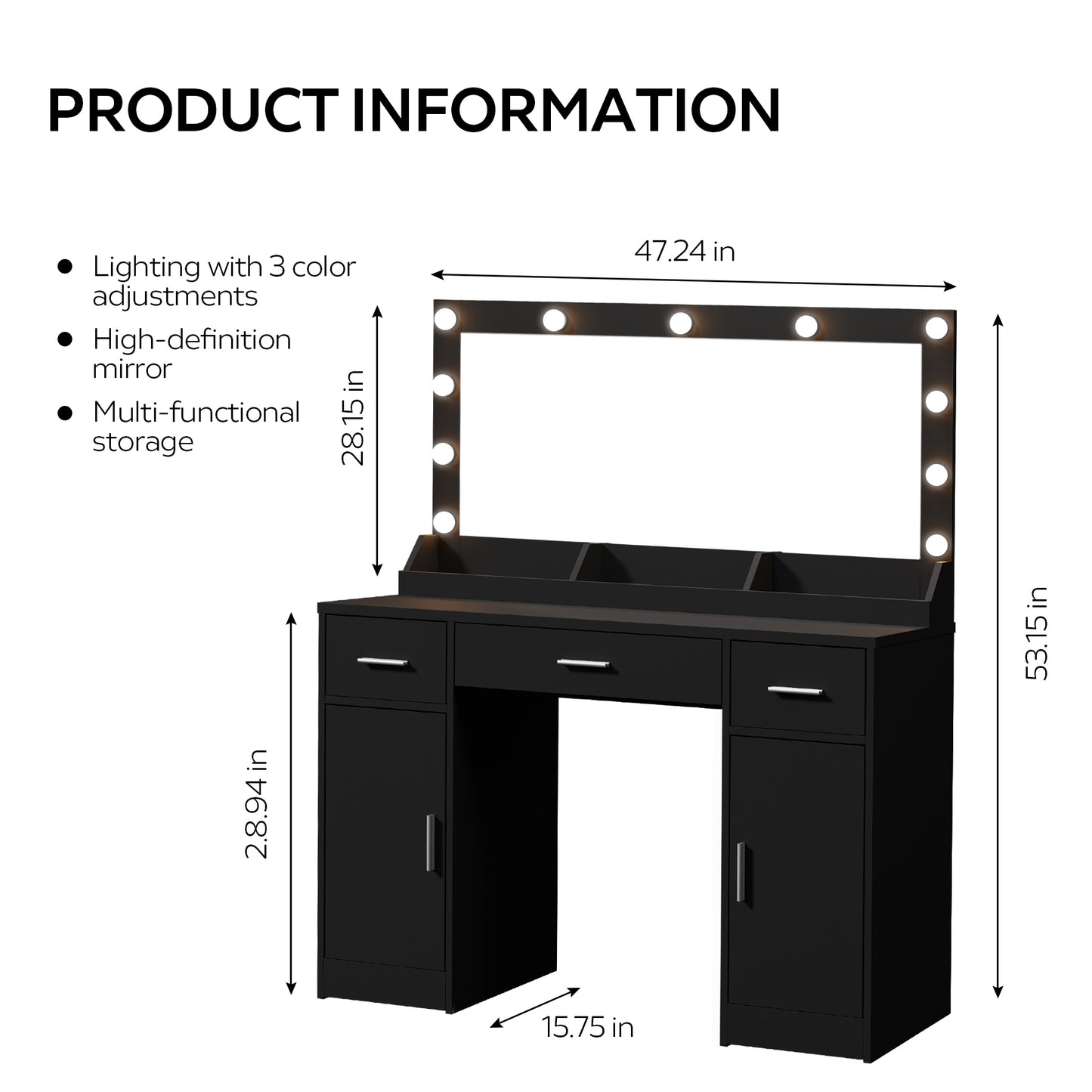 47.2"Vanity Desk with Large Mirror, 3 Colour Lighting Modes, Adjustable Brightness, Dresser with 3 Drawers & 2 Vertical Cabinets, Makeup Vanity Table for Women &  Girls (Black)