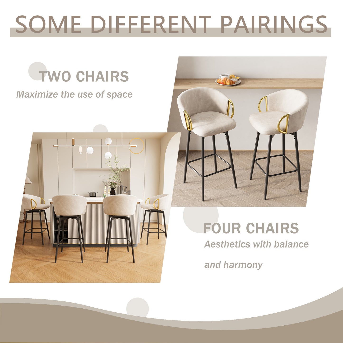 Dining Chairs Set of 2 Modern style 360°Swivel Bar Chairs with simple design, comfortable high stools, and flexible dining chairs suitable for bars, restaurants,Velvet Bar Chair Beige