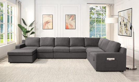 Waylon 145.5" Gray Linen 7-Seater U-Shape Sectional Sofa Chaise with Pocket