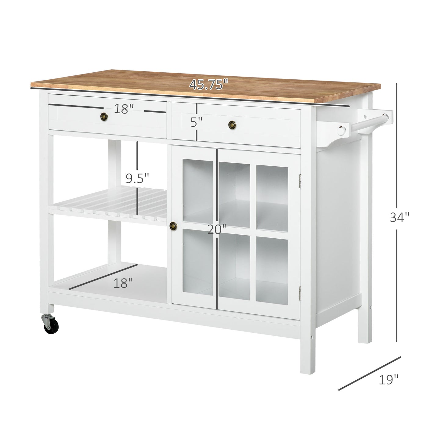 HOMCOM Rolling Kitchen Island with Storage, Kitchen Cart with Solid Wood Top, Glass Door Cabinet, Adjustable Shelf, Towel Rack, 2 Drawers for Dining Room, White