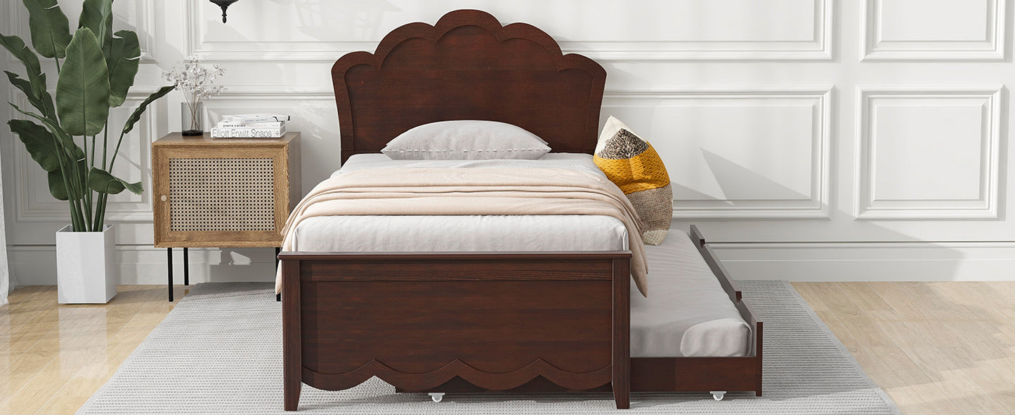 Twin Size Wood Platform Bed with Headboard and Twin Size Trundle, Cappuccino