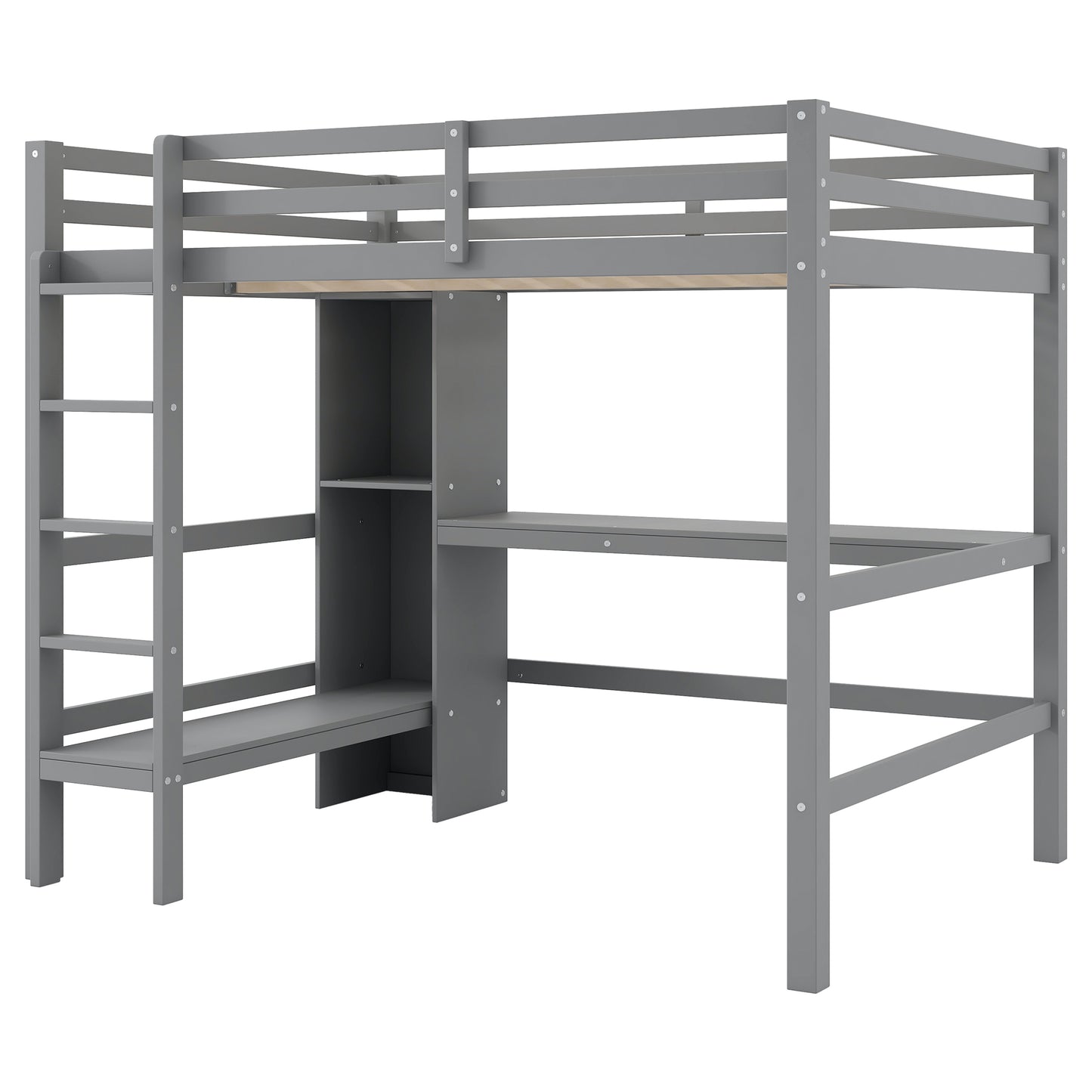 Gray Full Size Loft Bed with Built-in Desk and Multifunction Shelves, Pine Wood and MDF, 78.9''L x 57''W x 67.5''H