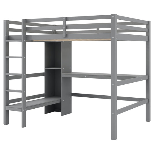 Gray Full Size Loft Bed with Built-in Desk and Multifunction Shelves, Pine Wood and MDF, 78.9''L x 57''W x 67.5''H