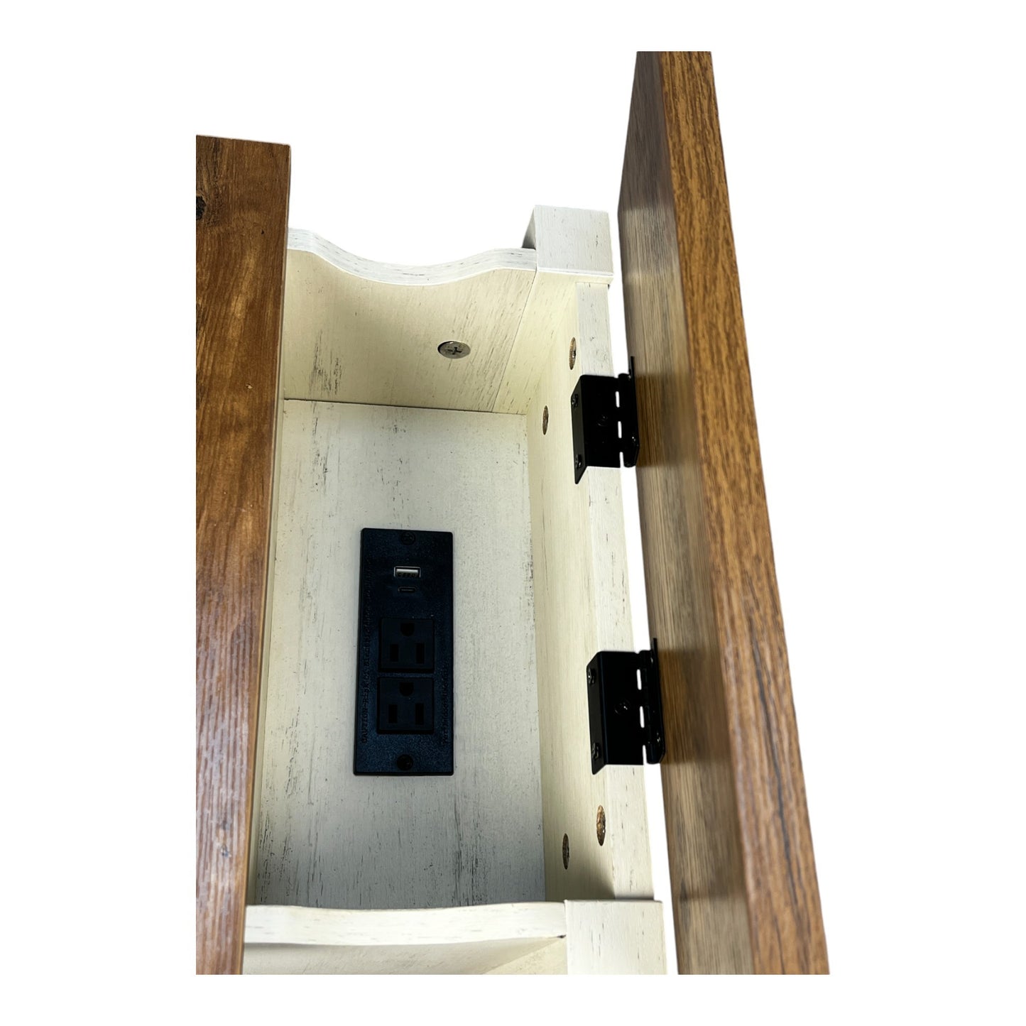 Farmhouse End Table with Charging Station,Night Stand with Barn Door and Drawer, Storage for Bedroom Living Room ,Bedside Table,  Bedside Table Brown+white color