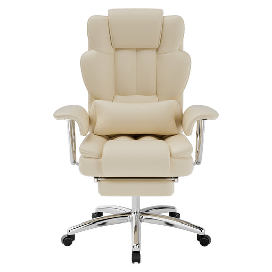 Office Chair, Big and Tall Executive Office Chair with Footrest, Leather Computer Chair, Ergonomic Reclining Chair High Back , Large Home Office Chair (Beige)
